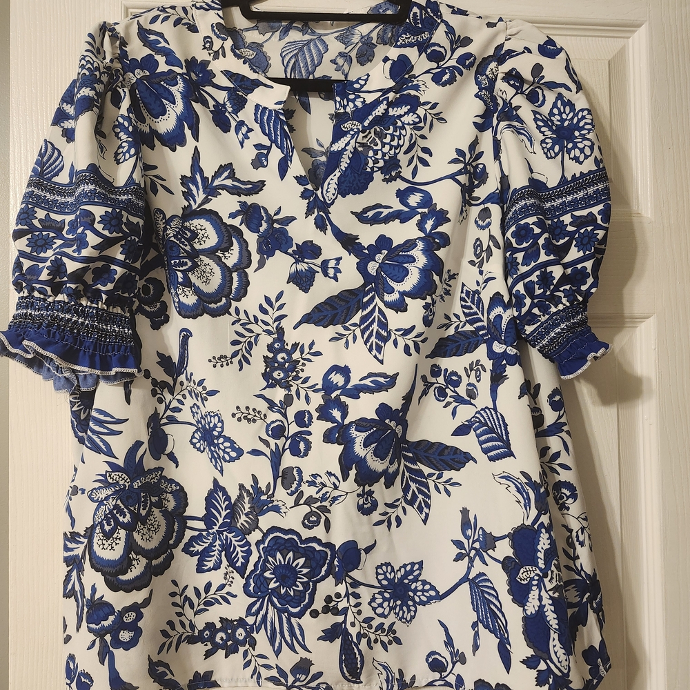 Blue and White Floral Blouse